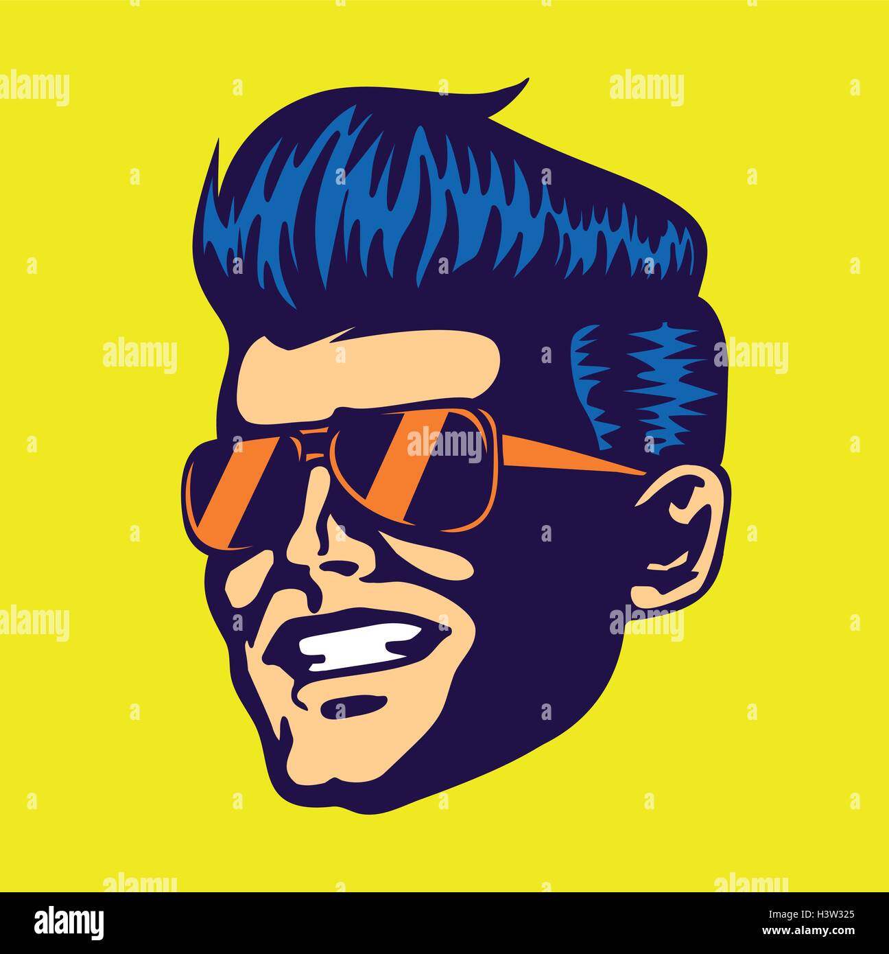 Vintage retro cool dude man face head wearing aviator sunglasses rockabilly pompadour haircut vector Stock Vector
