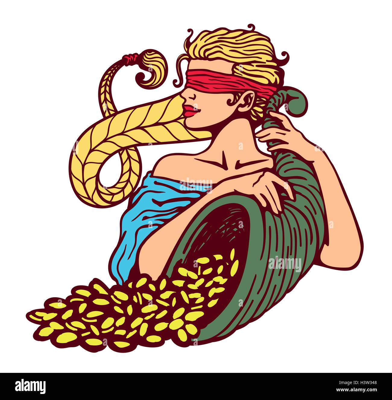 Blindfolded goddess of fortune holding cornucopia horn of plenty full of gold coins, good luck charm, lottery winning, bonanza, stroke of luck Stock Vector