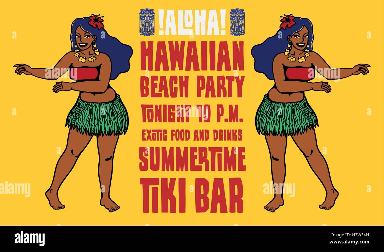Hawaiian beach party tiki bar flyer design with dancing hula girls Stock Vector