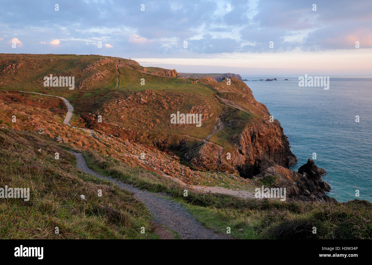 Warm evening light on the cliffs at kynance in Cornwall Stock Photo