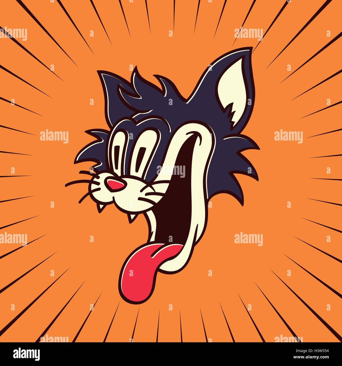 vintage toons: retro cartoon character hungry crazy cat smiling with tongue out looking at something delicious Stock Vector