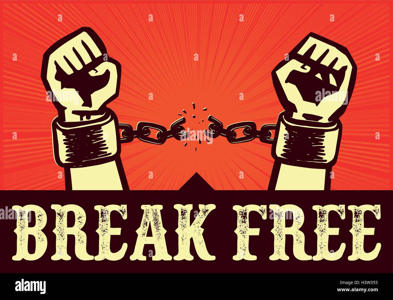I want to break free! Hands with clenched fists breaking bonds or fetters, cast off the chains around the wrists, throw off the shackles Stock Vector