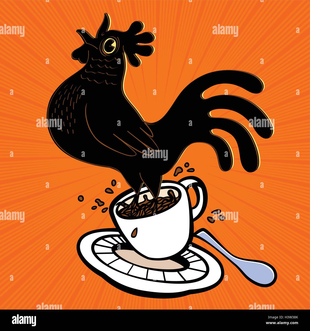 Wake up! Energetic espresso cartoon rooster springing from coffee cup and singing at cockcrow, strong coffee, early bird, sunris Stock Vector