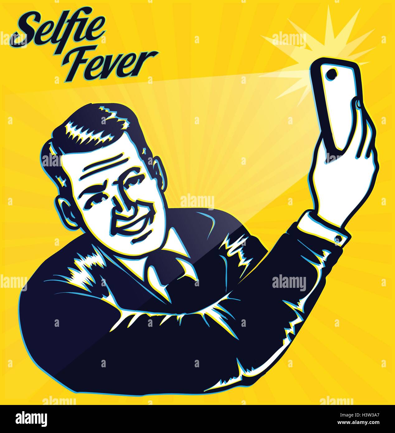 Selfie Fever! Vintage Man takes selfie with smartphone camera Stock Vector