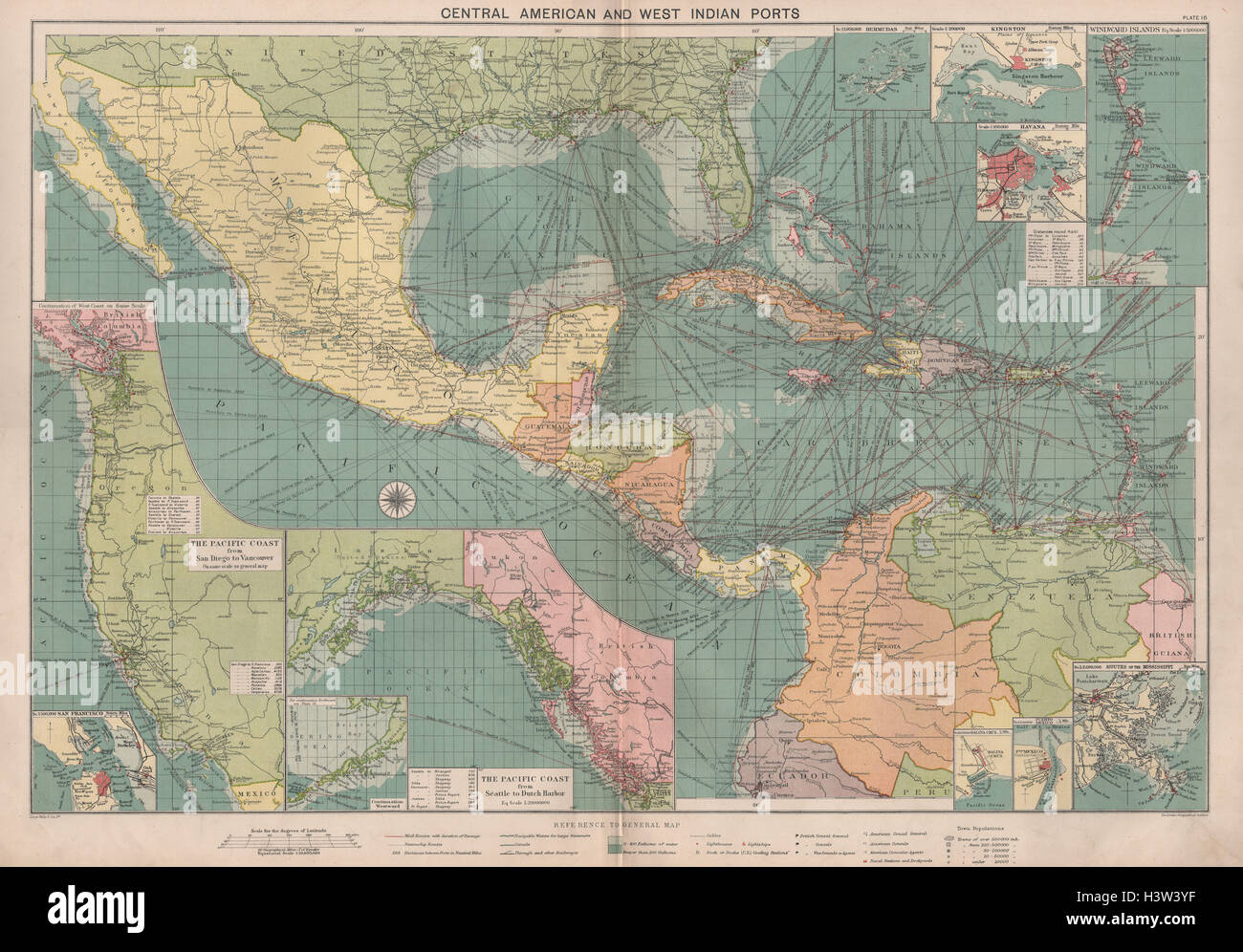 Central America Caribbean Gulf of Mexico chart Ports lighthouses LARGE