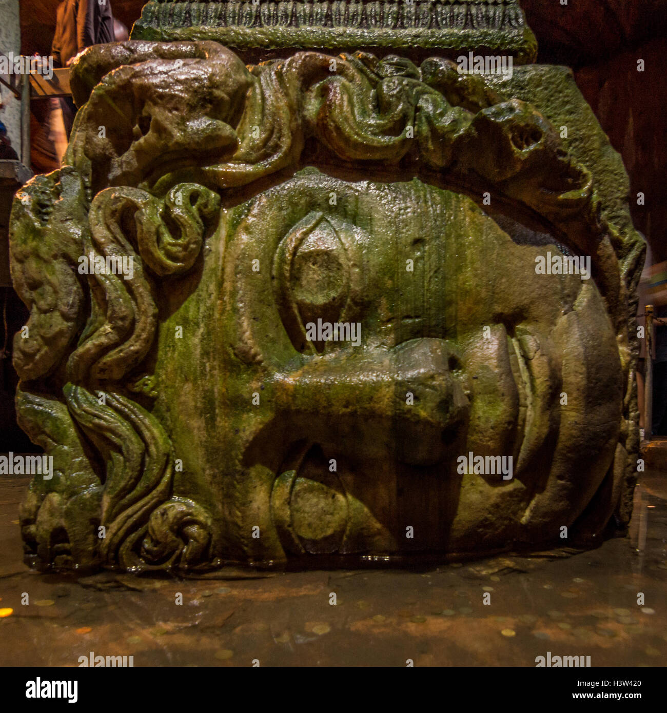 One of the two Medusa head statues located in the Northwest corner of the Basilica Cistern (at the base of two of the columns), Stock Photo