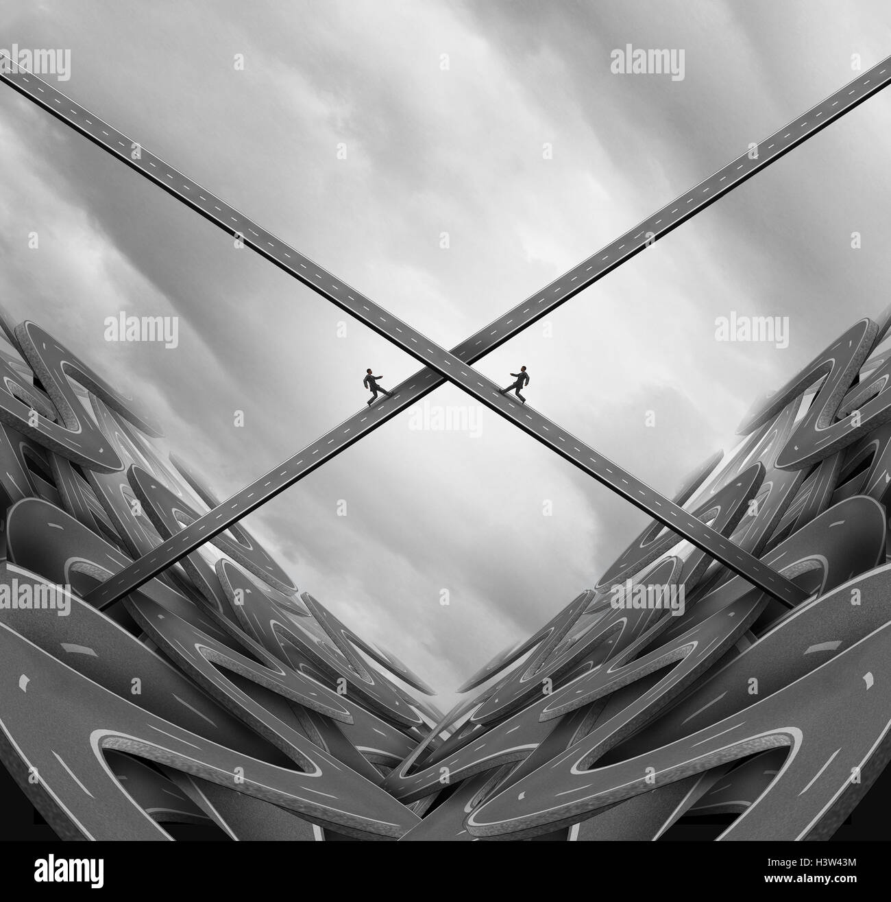 Crossing paths and finding a business connection concept as two businesspeople emerging from confused roads to a pathway that enables a cooperation meeting with 3D illustration elements. Stock Photo
