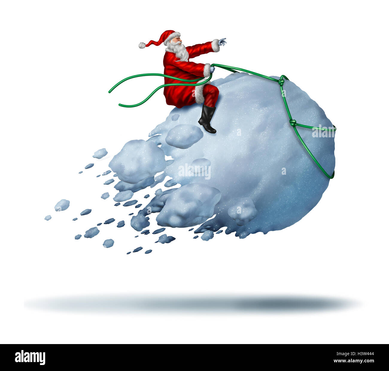 Santa Clause Snow Fun as father christmas riding a flying giant snowball as a joyful happy winter celebration activity with 3D illustration elements on a white background. Stock Photo