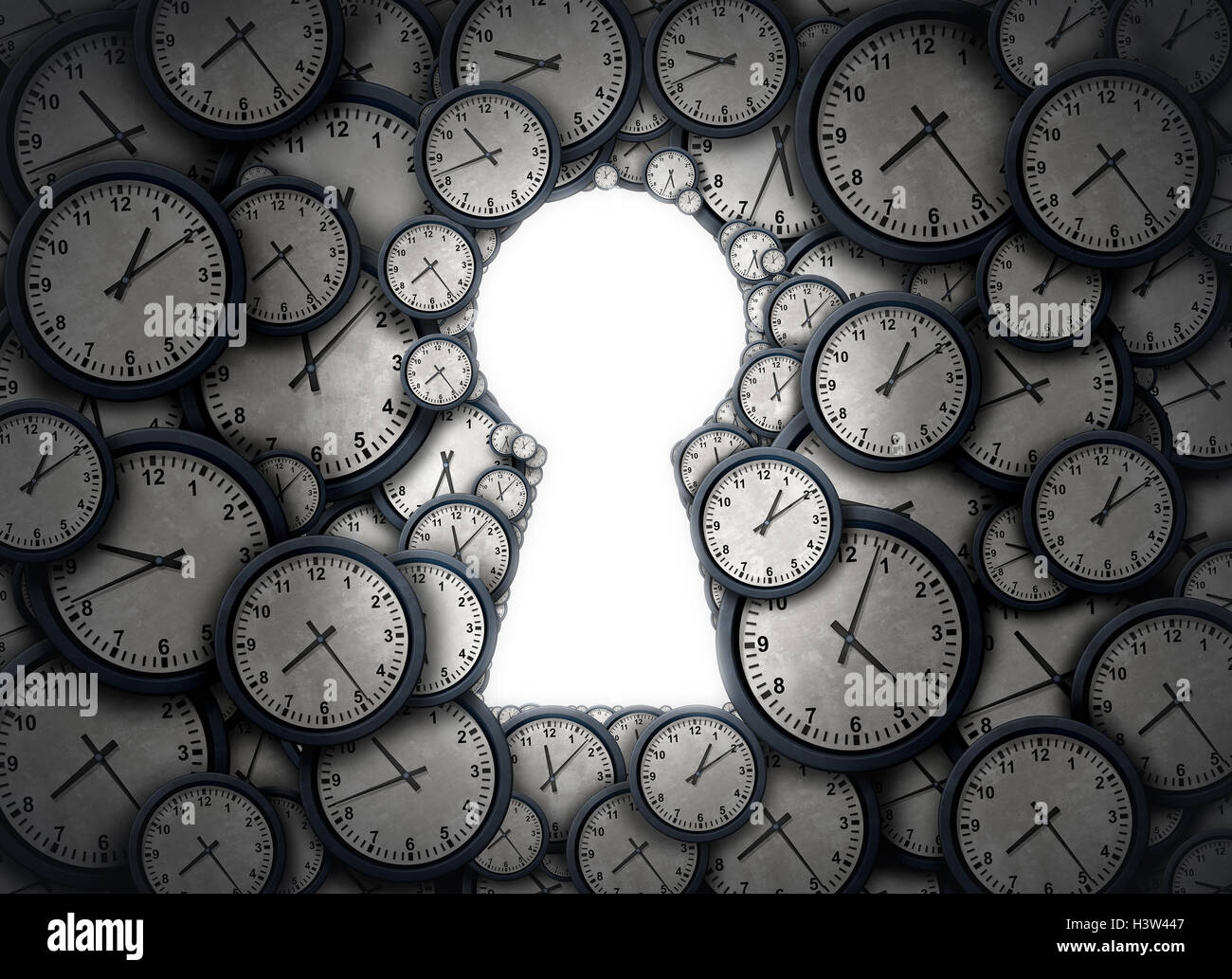 Time Key solution as a group of clock objects shaped as an open keyhole as a success metaphor for access and time zone management of business schedule as a 3D illustration. Stock Photo