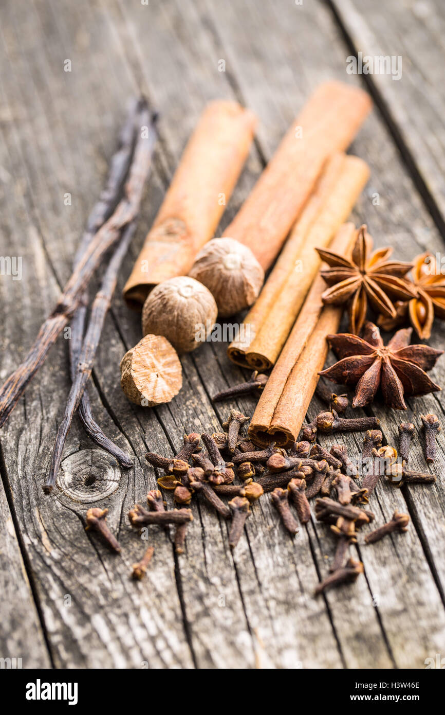 Vanilla, cinnamon, clove, nutmeg and anise star on old wooden table