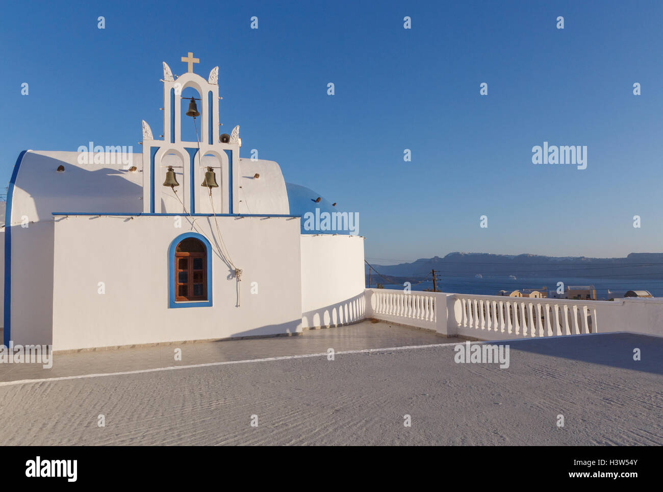 Orthodox church with bell tower in Akrotiri, Santorini Stock Photo