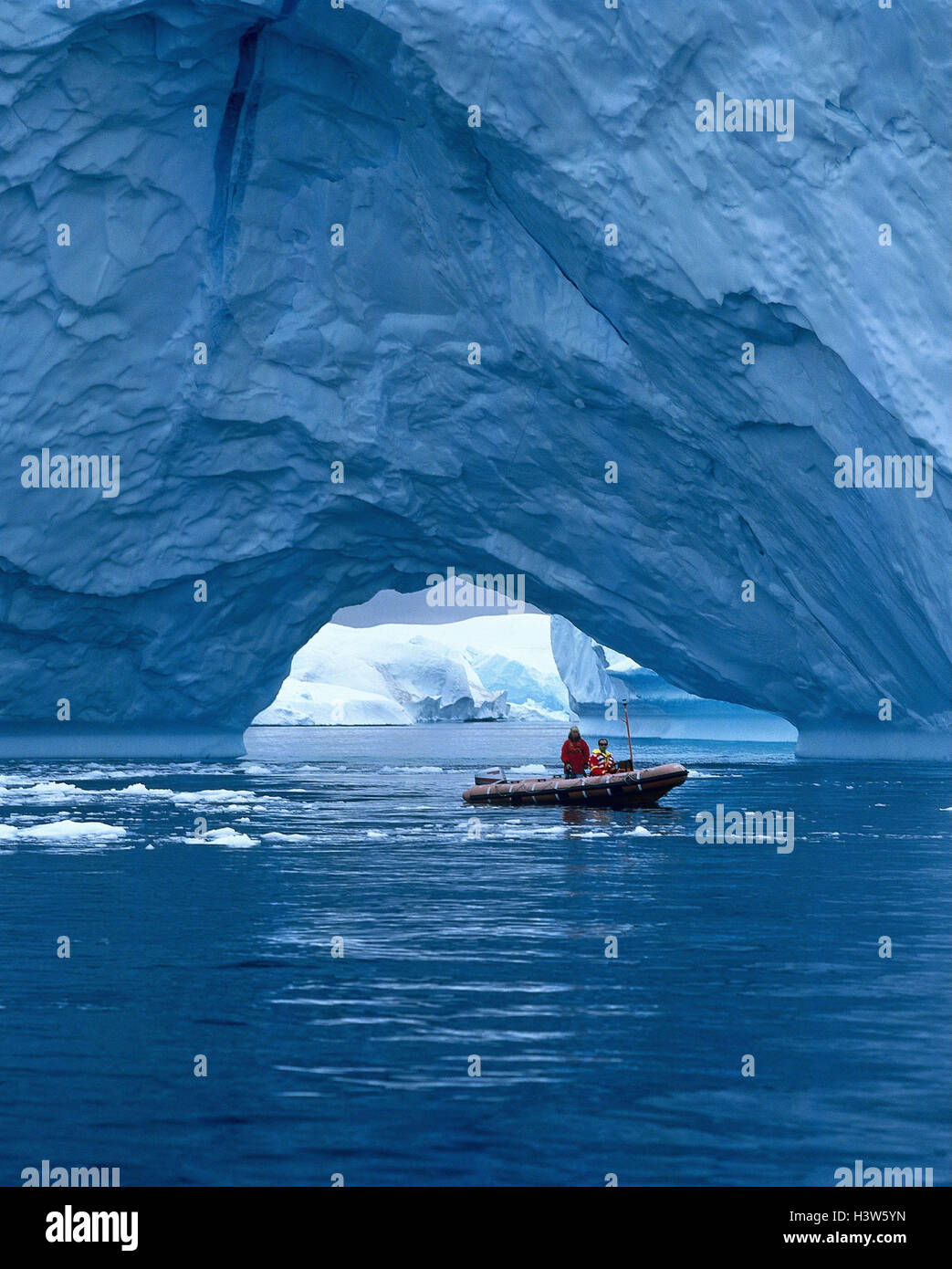 Greenland, Jakobshavn, ice cream fjord, rubber dinghy, iceberg sea, ice, icebergs, ice cream formations, fjord, boat, cold, nature Stock Photo