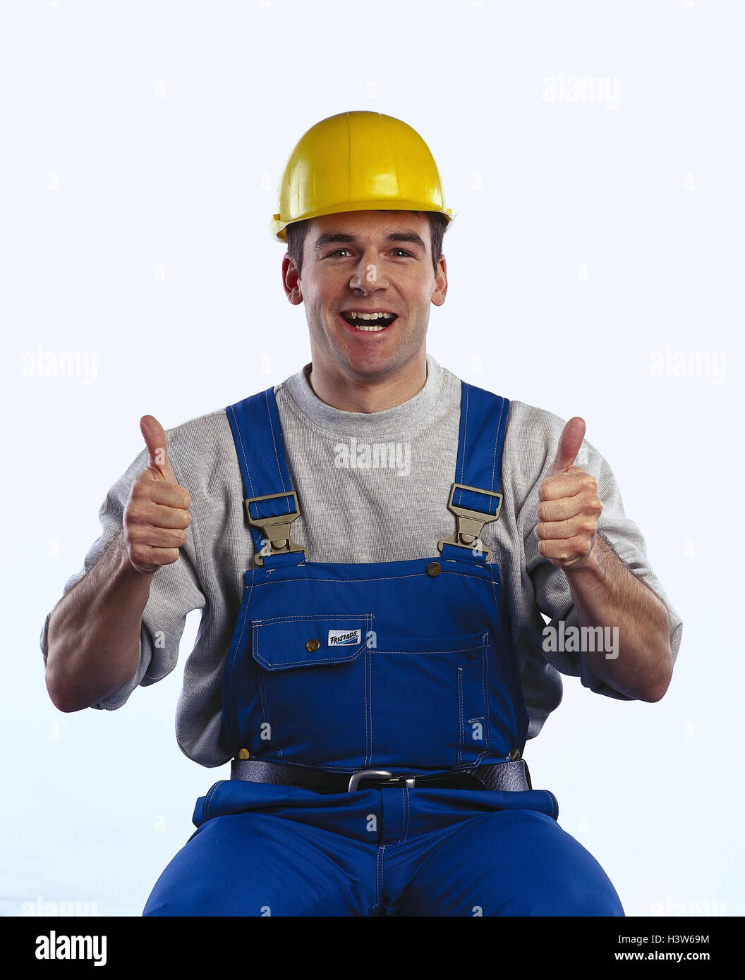 Workers, construction helmet, smile, gesture, pollex, high man, safety helmet, hard hat, working clothes, positively, joy, success, cheering, triumph, studio, cut out Stock Photo
