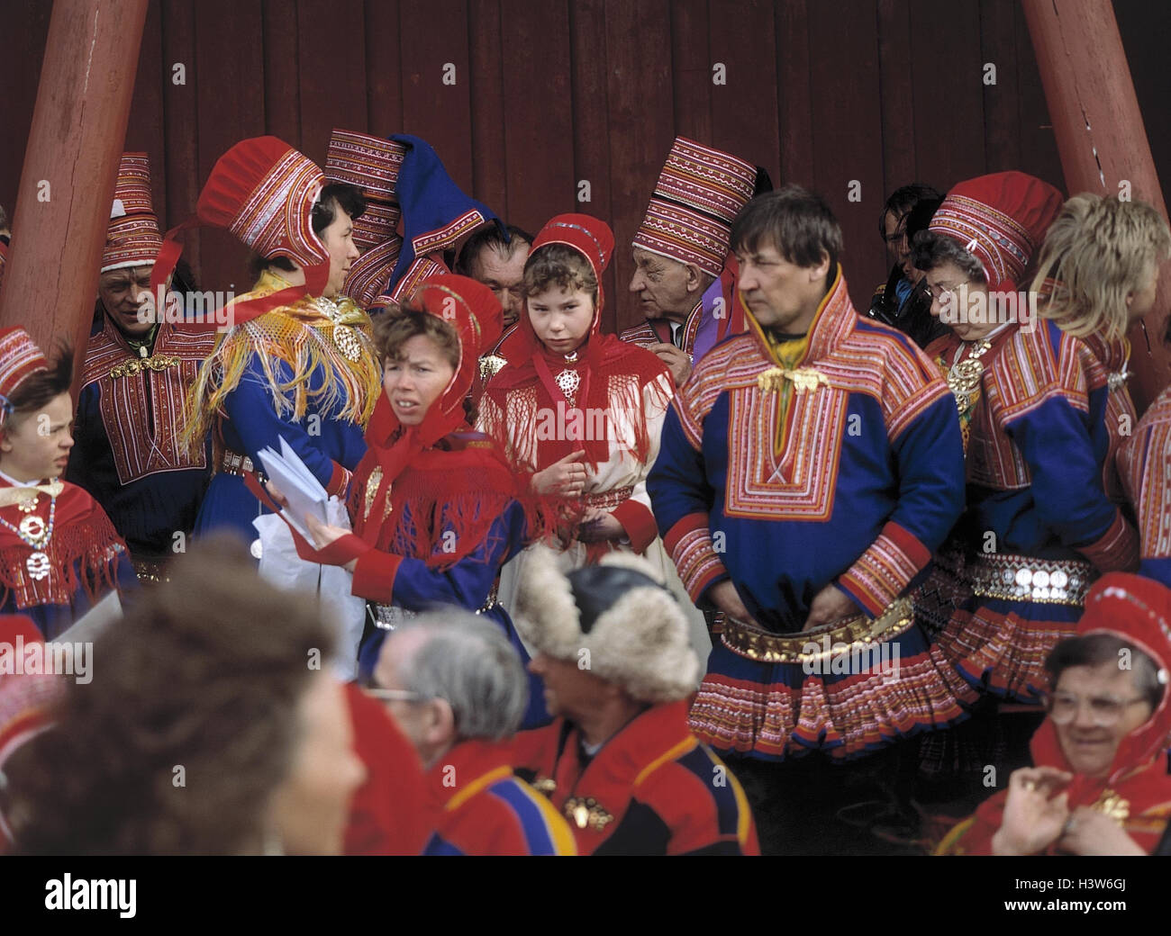 Norway, Lapland, Kautokeino, men, women, national costume Scandinavia, national costume, folklore, tradition, folk national costume, clothes, traditionally, locals, Laplanders, outside Stock Photo