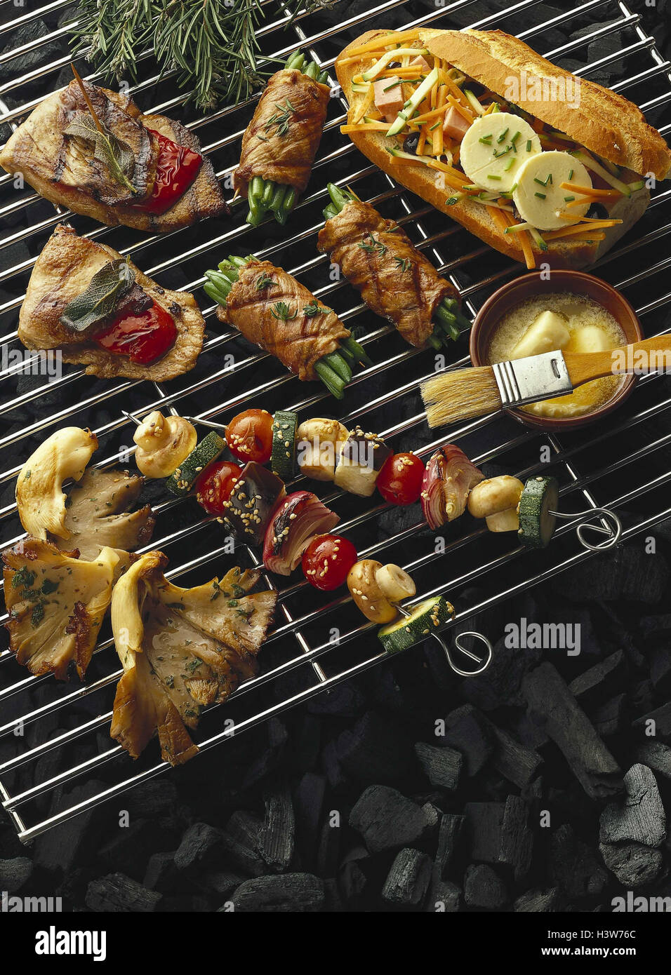 Barbecue, meat, spits, fungi, vegetables, white bread, Still life, Food