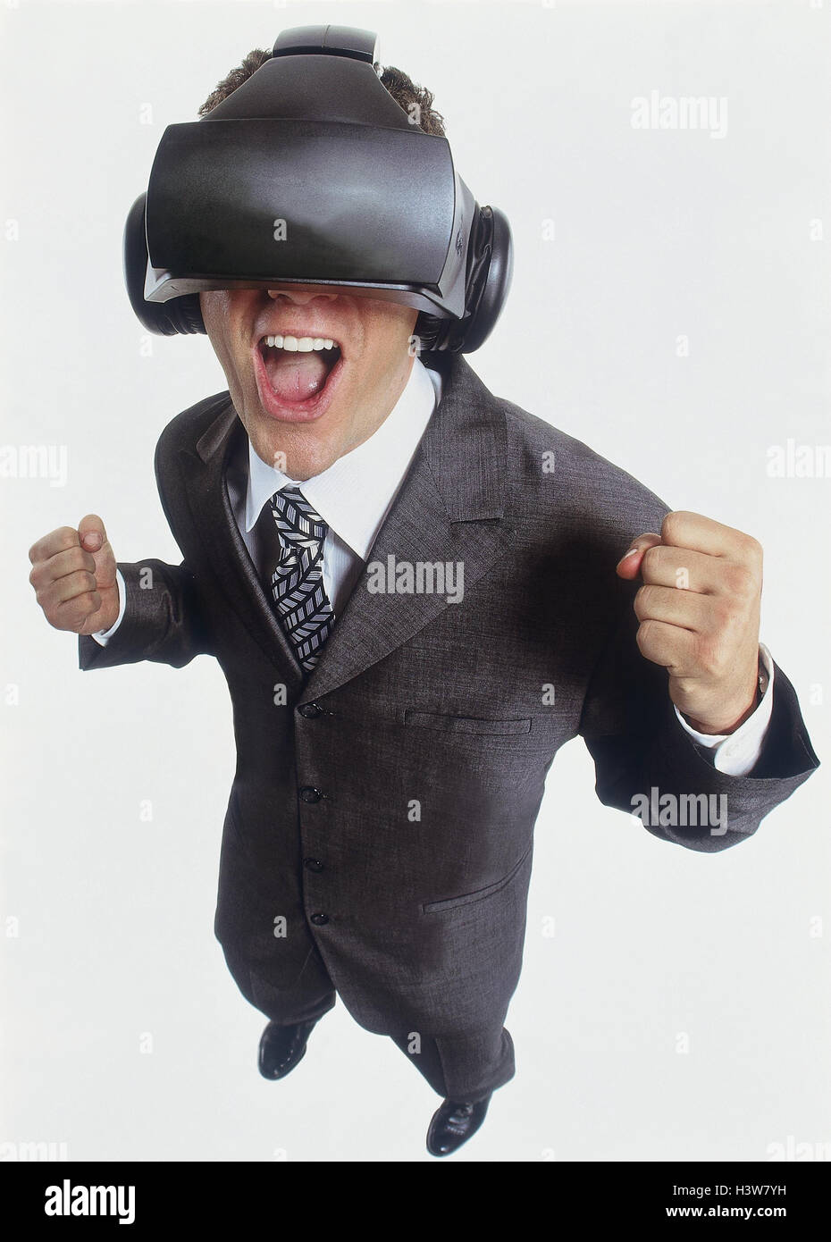 Businessman, head-mounted display, virtual reality, gesture, enthusiasm, professions, cyberspace, studio, cut out, virtual reality, data glasses, eyephone, monitor glasses, vision, enthusiastically, man, Stock Photo