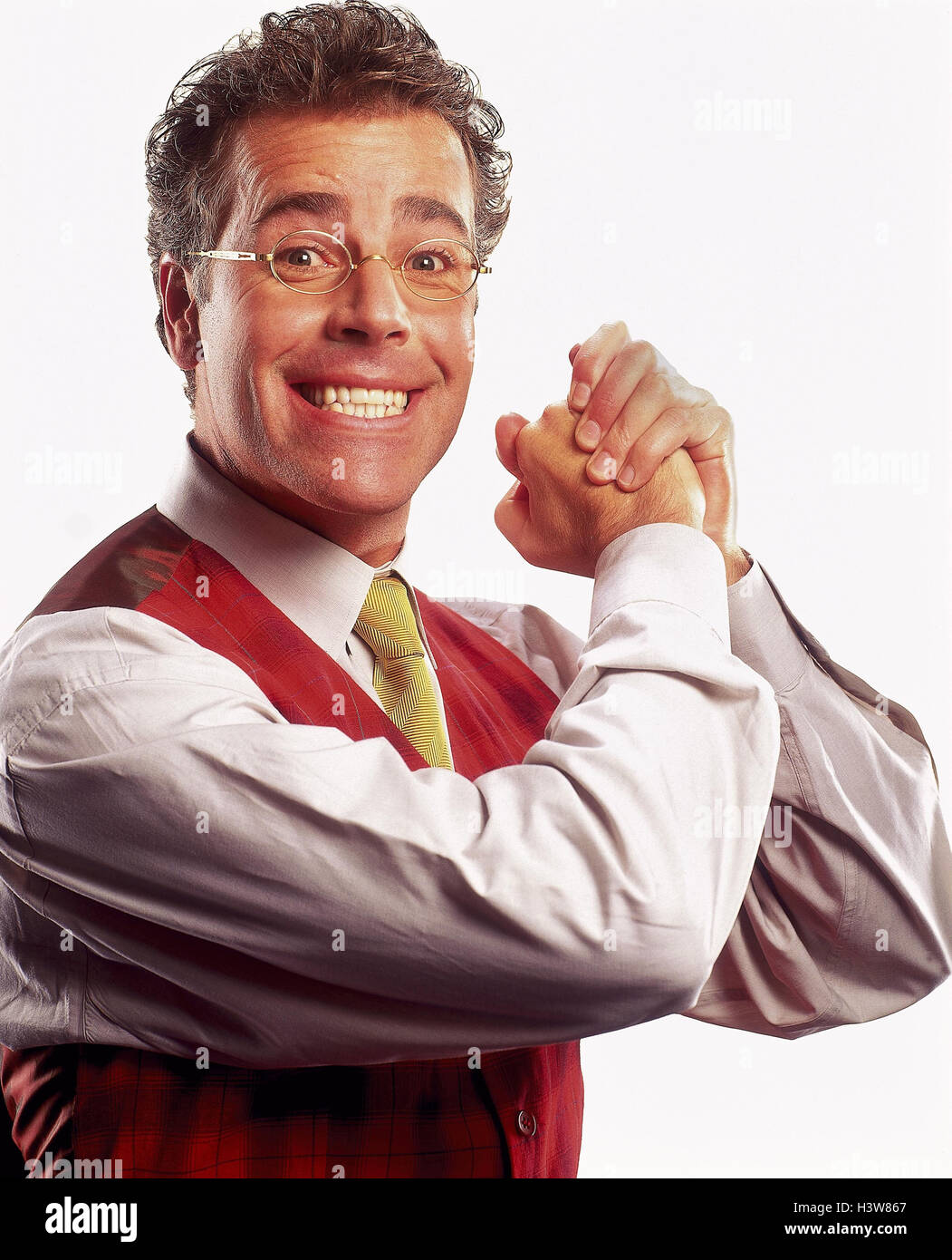 Man, glasses, tie, waistcoat, gesture, joy, success, portrait, Men, businessman, smile, please, pleases, enthusiastically, rejoice, enthusiasm, success, victory, cheering, triumph, triumph, happy, studio, cut out, Stock Photo