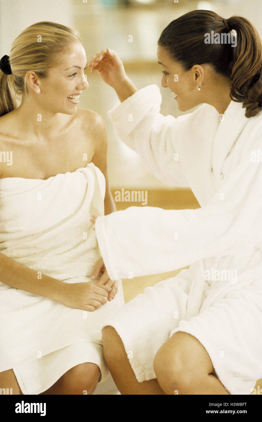 Women, bathrobes, entertainment, happy, detail, friends, friendship