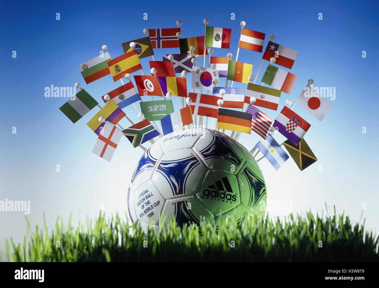 Football, flags, internationally, no property release, Still life, product photography, ball, icon, sport, sport, worldwide, world championship, world championship, Football World Cup, in 1998, flags, pendants, football nations, nations, countries, partic Stock Photo