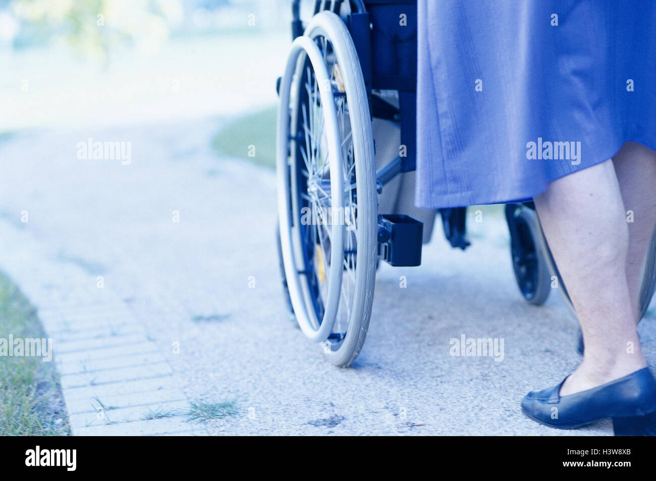Senior, invalid, wheel chair, push, back view, detail, model released, woman, old, old person, pensioner, care, auxiliary readiness, help, help, maintain, look after, concern, care, in need care, geriatric care, walk, excursion, outside, very close Stock Photo