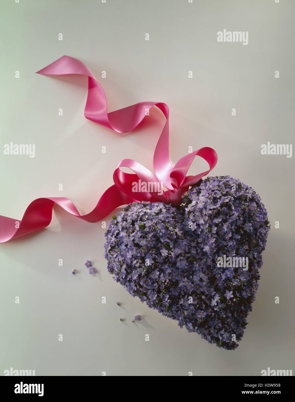 Heart from forget-me-not blossoms, pink silk loop cut out Stock Photo
