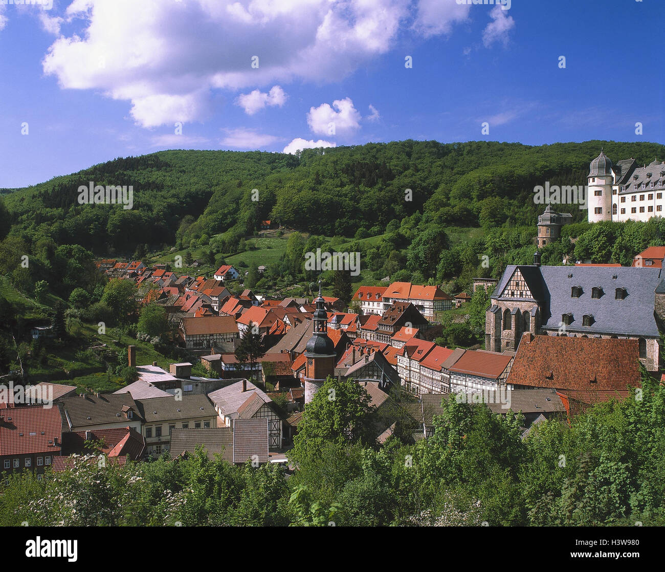 Germany, Saxony-Anhalt, Harz, mountain Stol, local overview, summer, unterresin, tourist resort, health resort, half-timbered houses, wood, townscape, historically, Old Town, overview Stock Photo