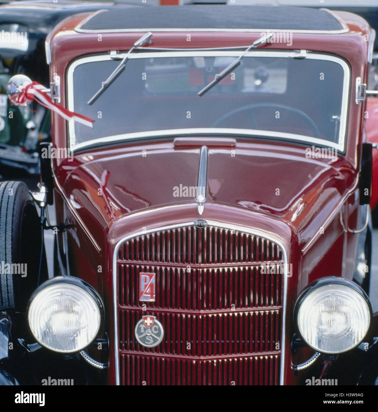 Car, old-timer, Opel P4, front view, red, car, car, vehicle, passenger car, year manufacture in 1935, Opel, nostalgia, nostalgically, historically, exclusiv, cultivated Stock Photo
