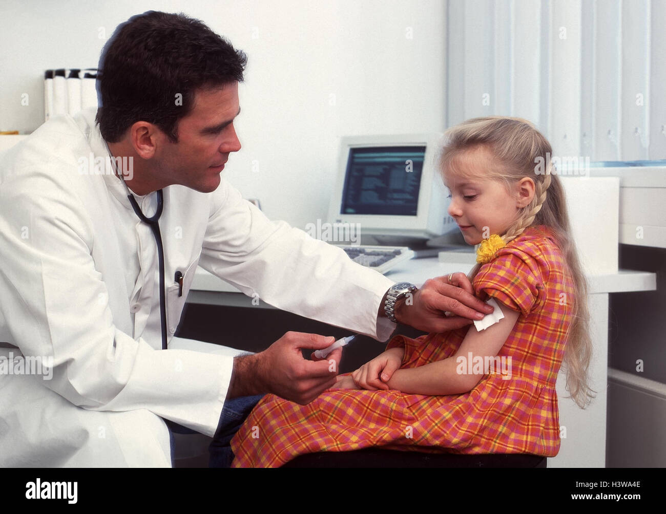 Pediatrician, girl, inoculation, medicine, doctor, child, medical practise, inoculate, arm, protective inoculation, syringe, precaution, near, Stock Photo