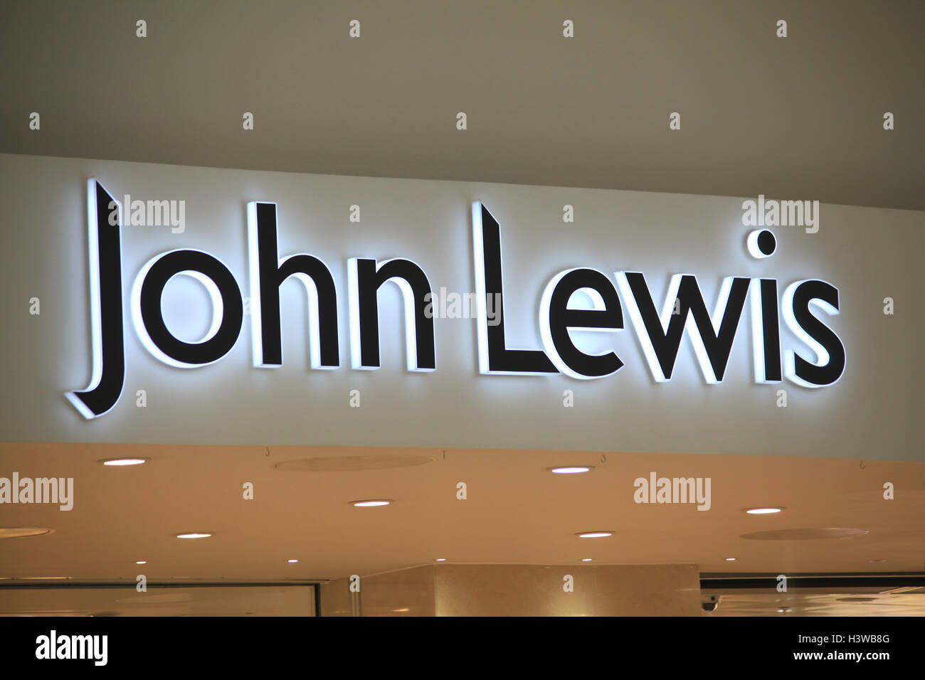 John Lewis department store sign, Bluewater Shopping Centre, Stone, Greenhithe, Kent, England Stock Photo