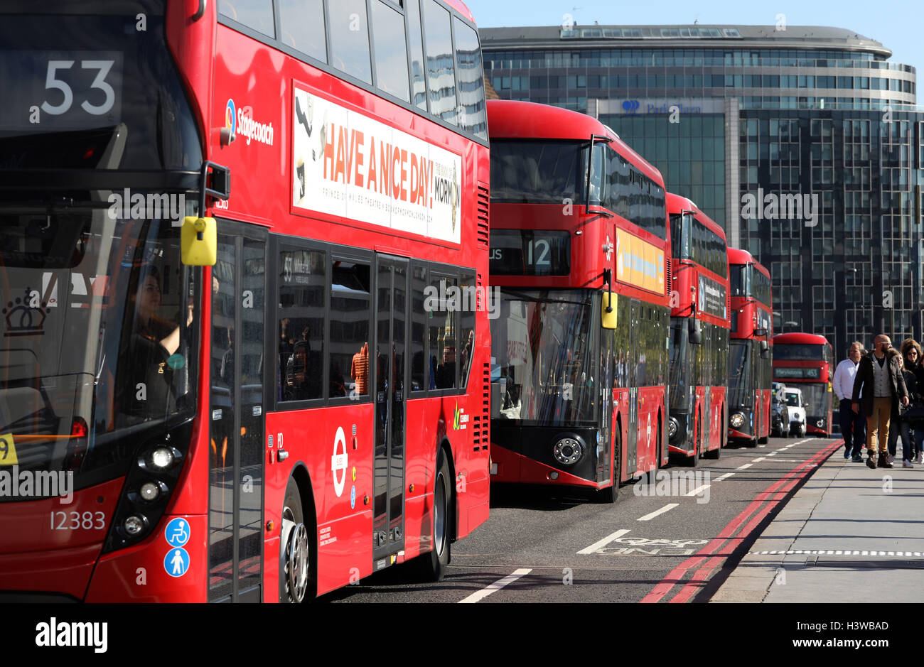 traffic jam buses bus queue London red routemaster Stock Photo Alamy