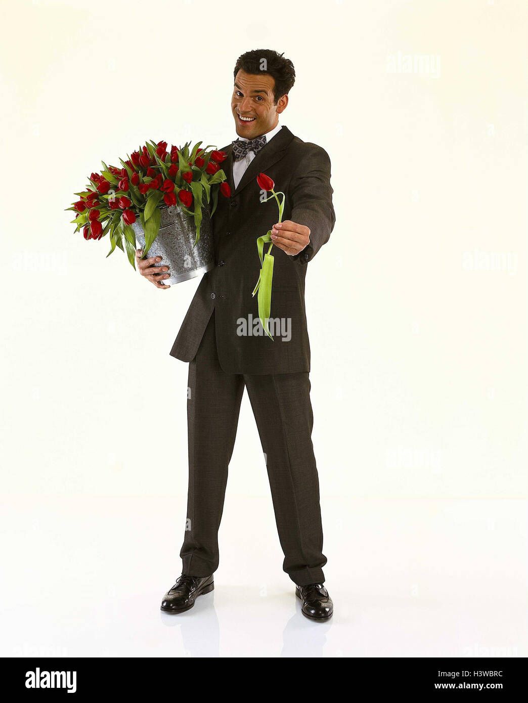 Man, suit, bucket, flowers, tulip, reach, present Men, businessman