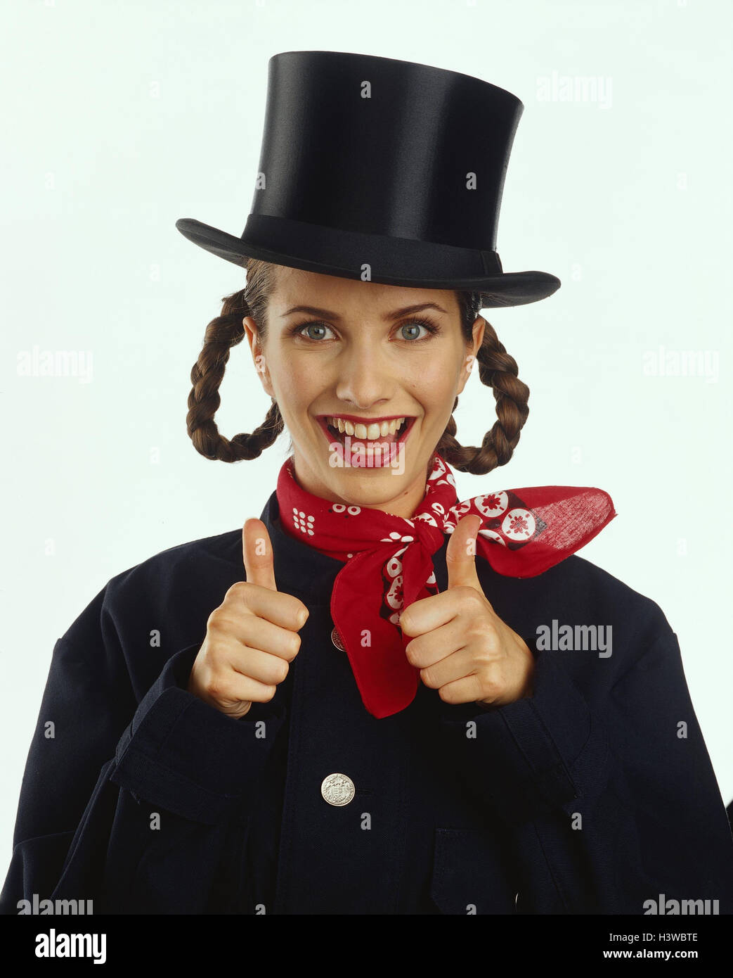 Woman, lining, chimney sweep, neckerchief, laugh, gesture, pollex, high concepts, chimney sweep, female, occupation, care, cylinder, luck bringer, icon, studio, cut out, gesture, okay, positively, O.K., studio, cut out, Stock Photo