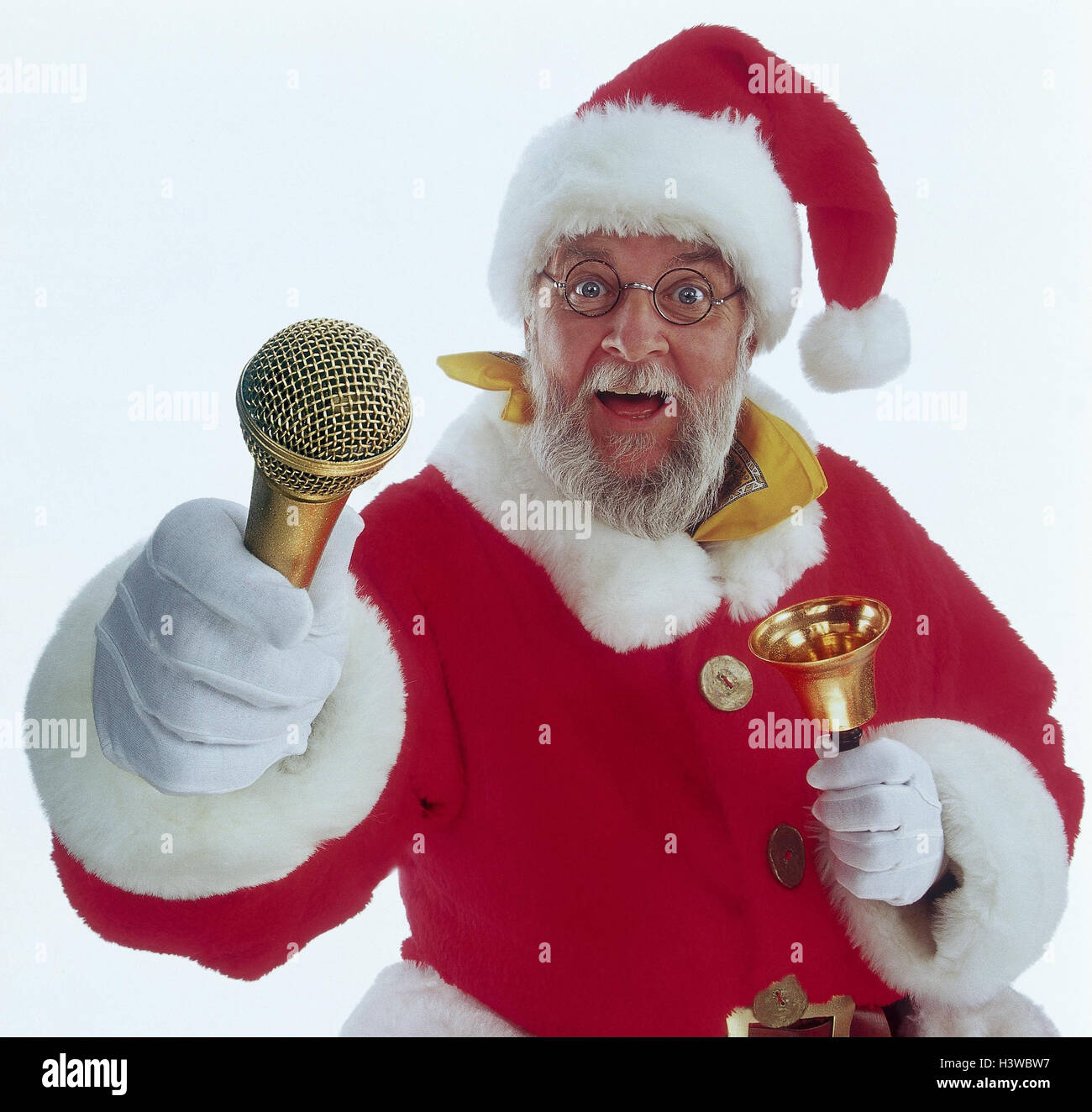 Santa Claus, bell, microphone, interview, half portrait, studio, cut out, Christmas, Christmas