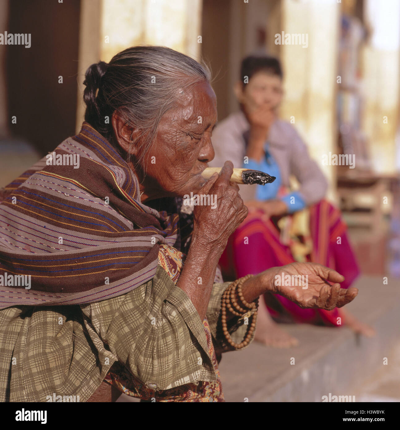 Myanmar, Bagan, senior, cigar, smoke, side view, Asia, Indochina, Burma ...
