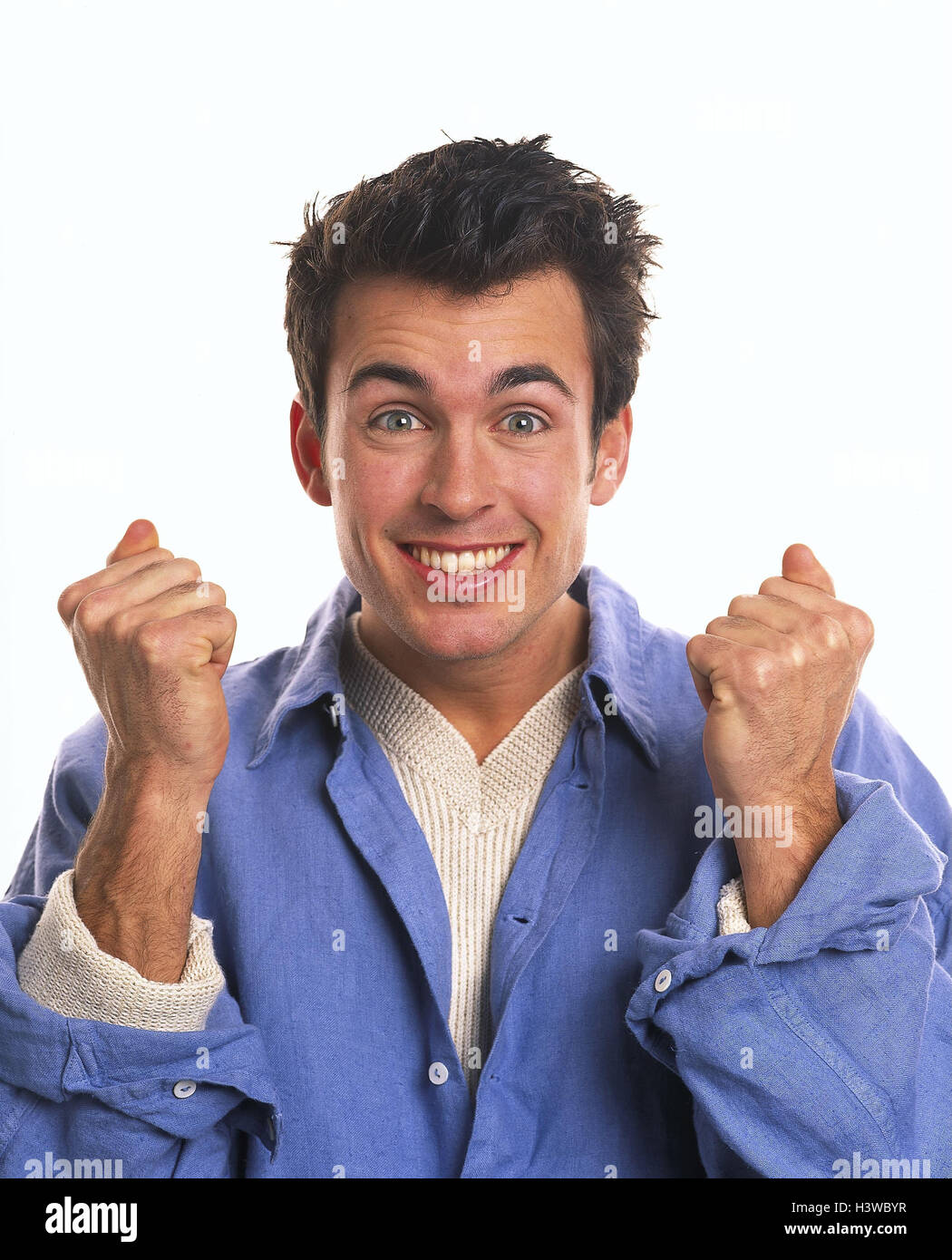 Man, young, gesture, joy, cheering Men, shirt, blue, rejoice, please, pleases, triumph, cheerfully, funnily, happy, success, enthusiasm, studio, cut out, Stock Photo