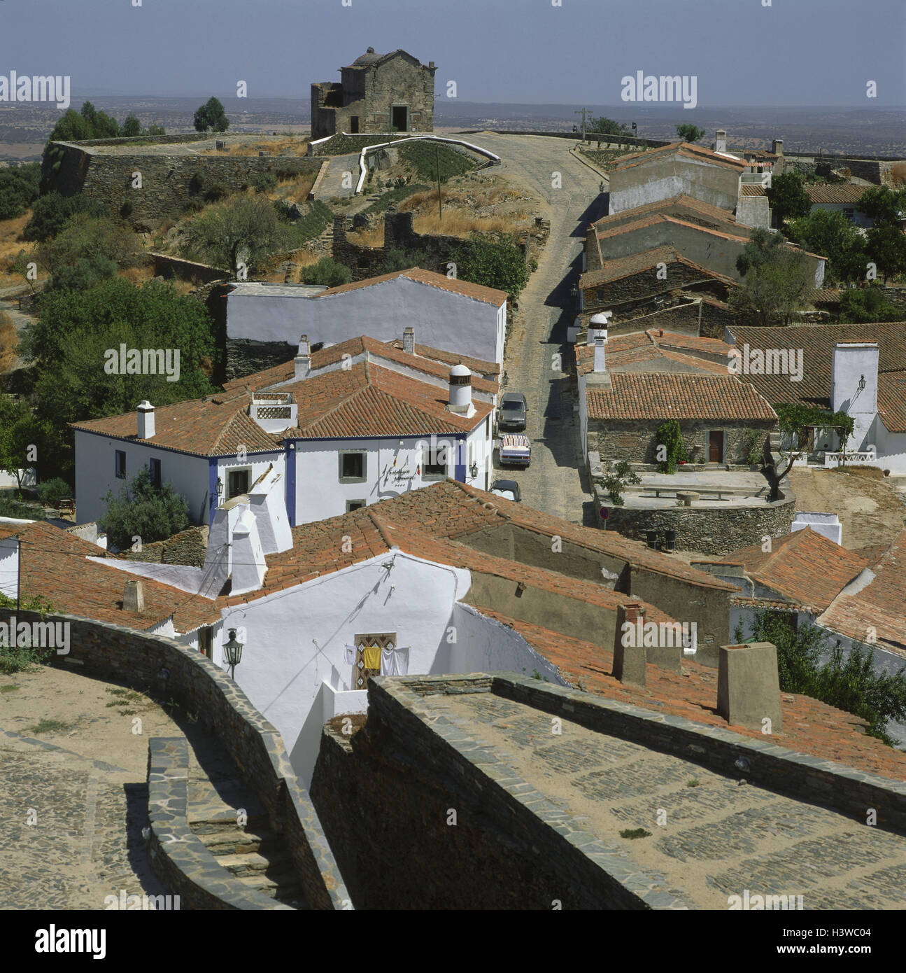 Portugal, Alentejo, Monsaraz, local view, mountain village, lane, houses, roofs, overview, heaven blue, outside, Stock Photo