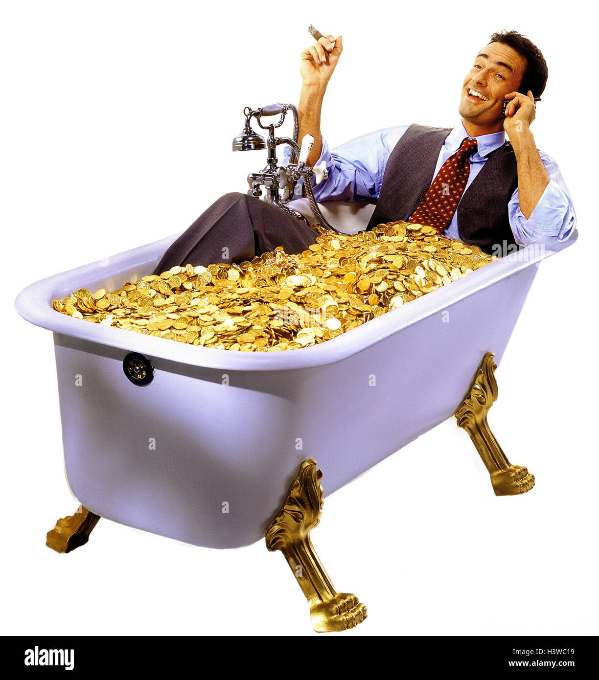 Businessman, mobile phone, cigar, bath, golden coins, profit, wealth concepts, business, man, 'have a bath', gold, money, richly, luck, prosperity, success, happily, enjoy, satisfaction, call up, studio, copy space, Stock Photo