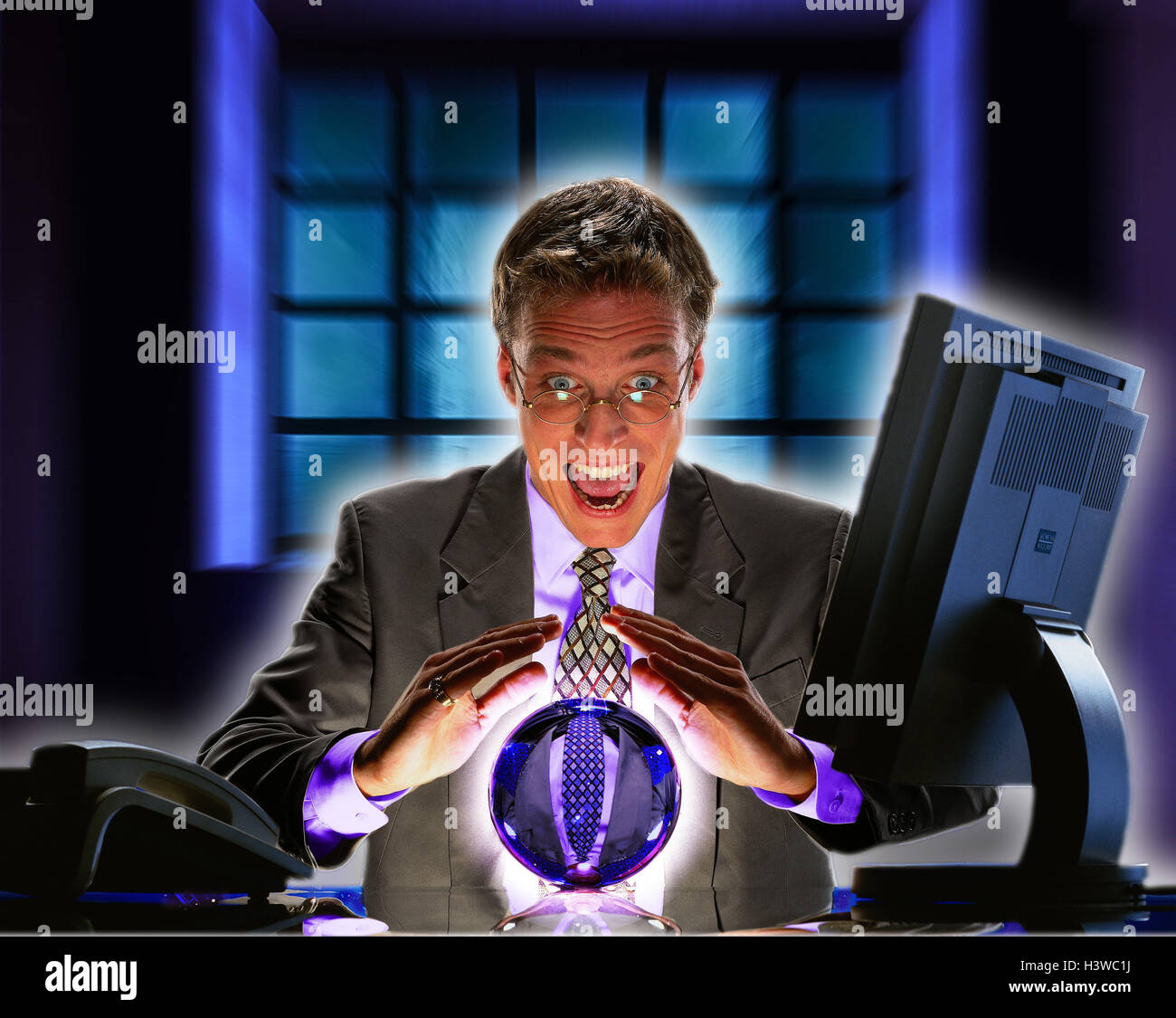 Composing, office, man, desk, crystal ball, swear, facial play, joy concepts, businessman, esotericism, spiritualism, clairvoyance, clairvoyant, foreteller, tell fortunes, invocation, future, success, enthusiasm, joy Stock Photo