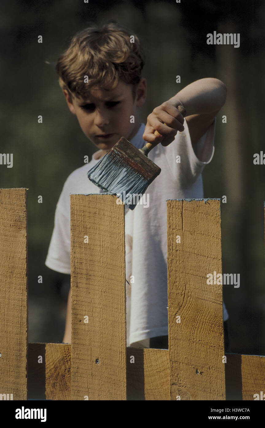 Boy, fence glide, outside, child, 6 years, Do-it-sourself, wooden fence, garden fence, brush, colour, approach, impregnate, work, help, holiday's job, assignment Stock Photo