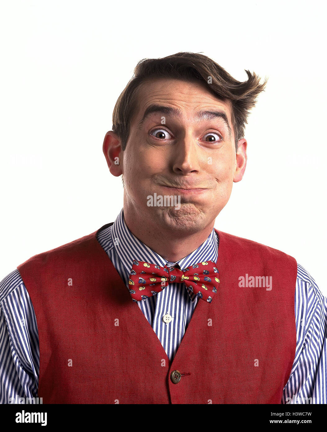 Man, young, page apexes, mop hair, shirt, waistcoat, fly, facial play