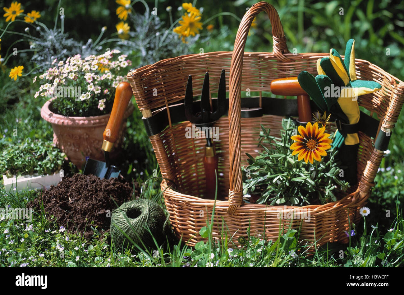 Garden, detail, flower meadow, wicker basket, garden implements