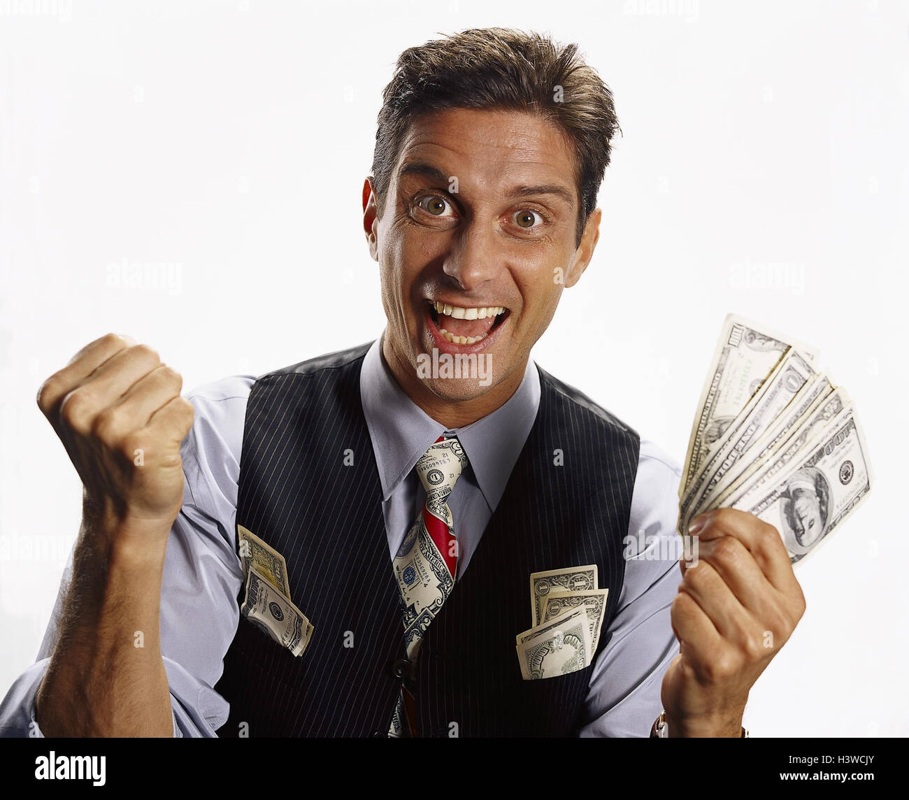 Man, waistcoat, shirt, tie, banknotes, hold, gesture, joy, cheering,  portrait, Men, currency, the USA, American dollar, US dollar, bank notes,  money, businessman, manager, success, profit, profit, happy, salary, joy,  enthusiasm Stock Photo -