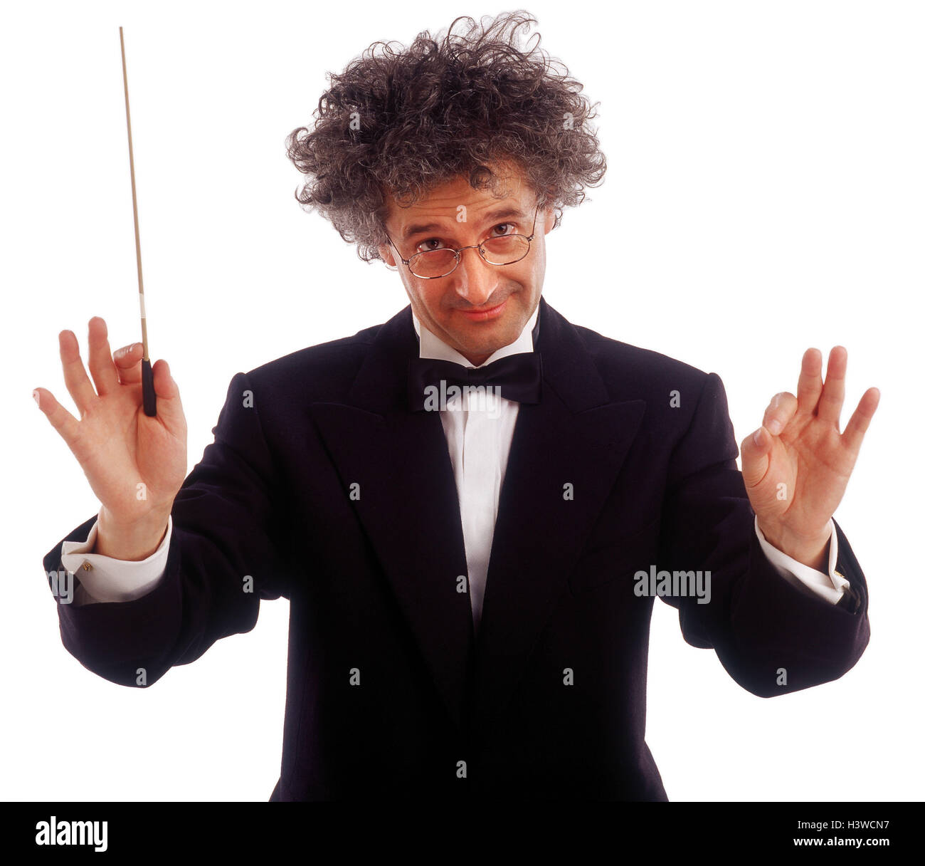 Conductor, half portrait, professions, studio, cut outs, conduct, man, middle old person, occupation, suit, fly, gesture, music, facial play, concentration, cut out, studio, Stock Photo