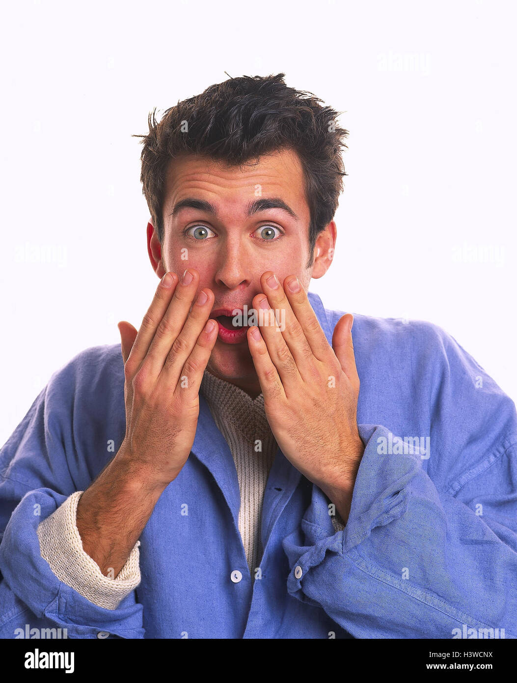 Man, young, gesture, surprise, joy, portrait, Men, shirt, blue, surprises, is surprised, expectantly, happy, astonished, happy, surprise, enthusiasm, studio, cut outs, Stock Photo