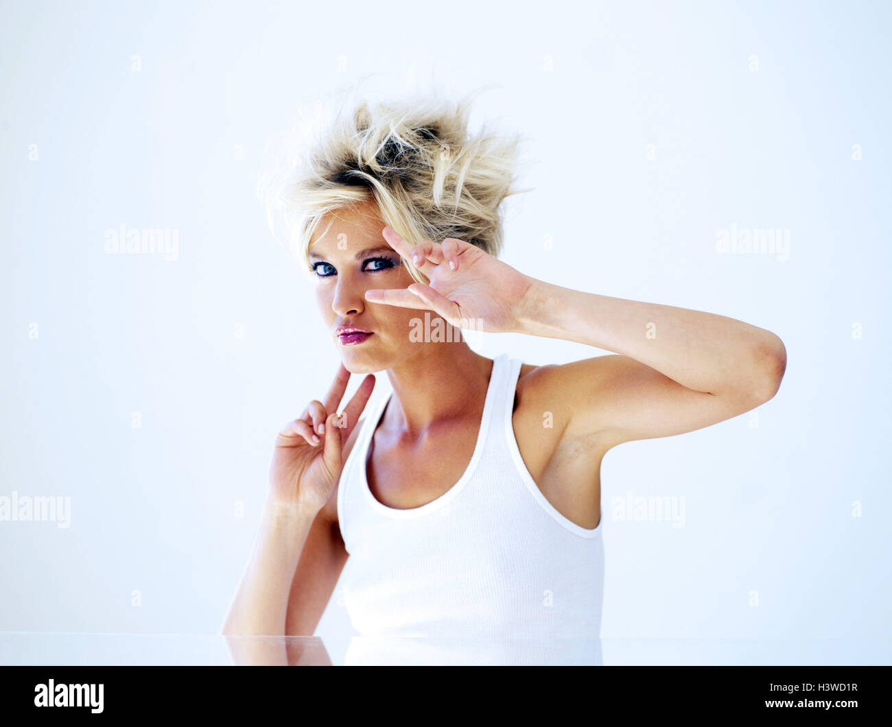 Woman Young Blond Seriously Gesture Half Portrait Short
