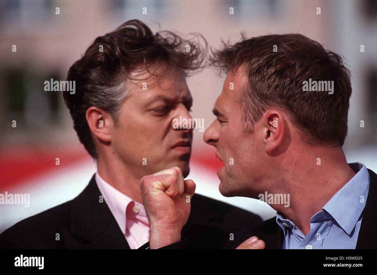 Men, two, fight, portrait, outside, argue, attack adults, rage, fury, angrily, furiously, aggressively, aggressiveness, enemies, hostility, violent, gesture, fist, hit, fight, Stock Photo