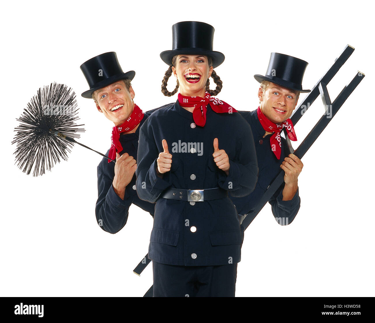 Chimney sweeps, woman, men, laugh, gesture, pollex, high concepts, chimney sweep, three, manly, female, occupation, cylinder, luck bringer, icon, studio, cut out, cylinder, conductor, broom, work, gesture, positively, O.K., okay, Stock Photo