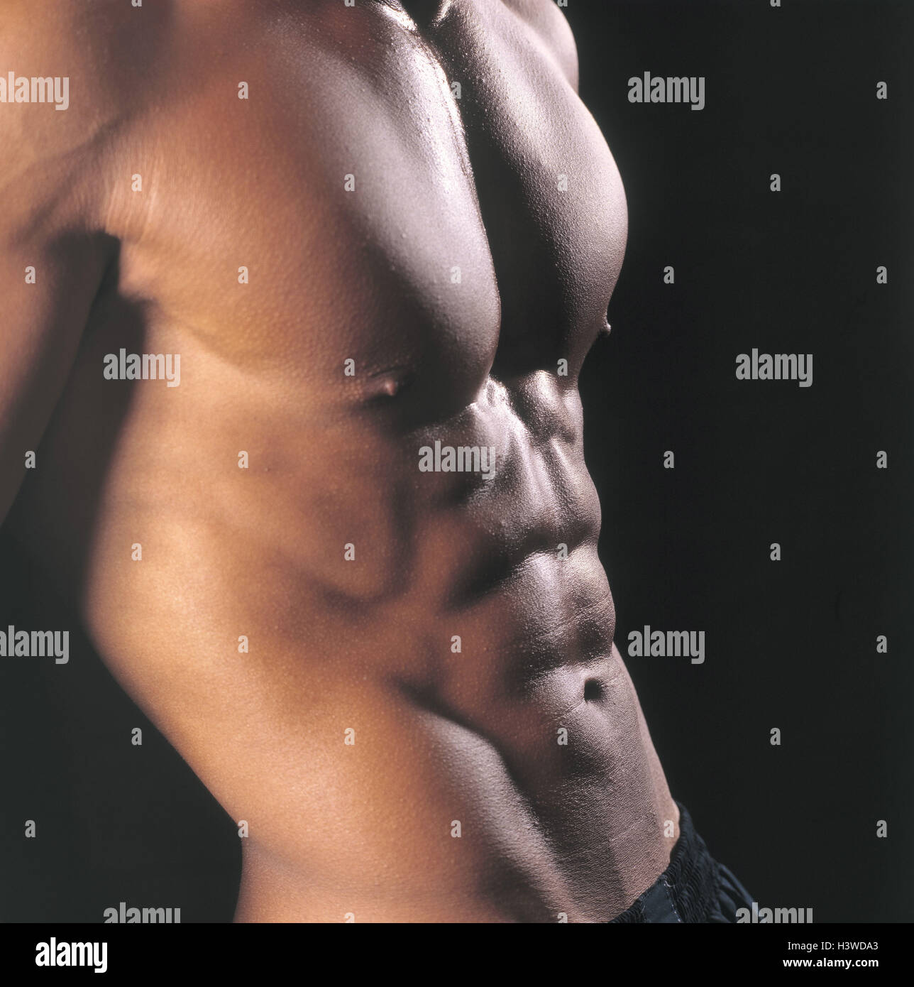 Man, free upper part of the body, athletic, side view, detail, masculinity, dark-skinned, well-trained, body, male, pose, pose, sportily, athletically, aesthetically, muscles, pectoral muscles, stomach muscles, studio Stock Photo