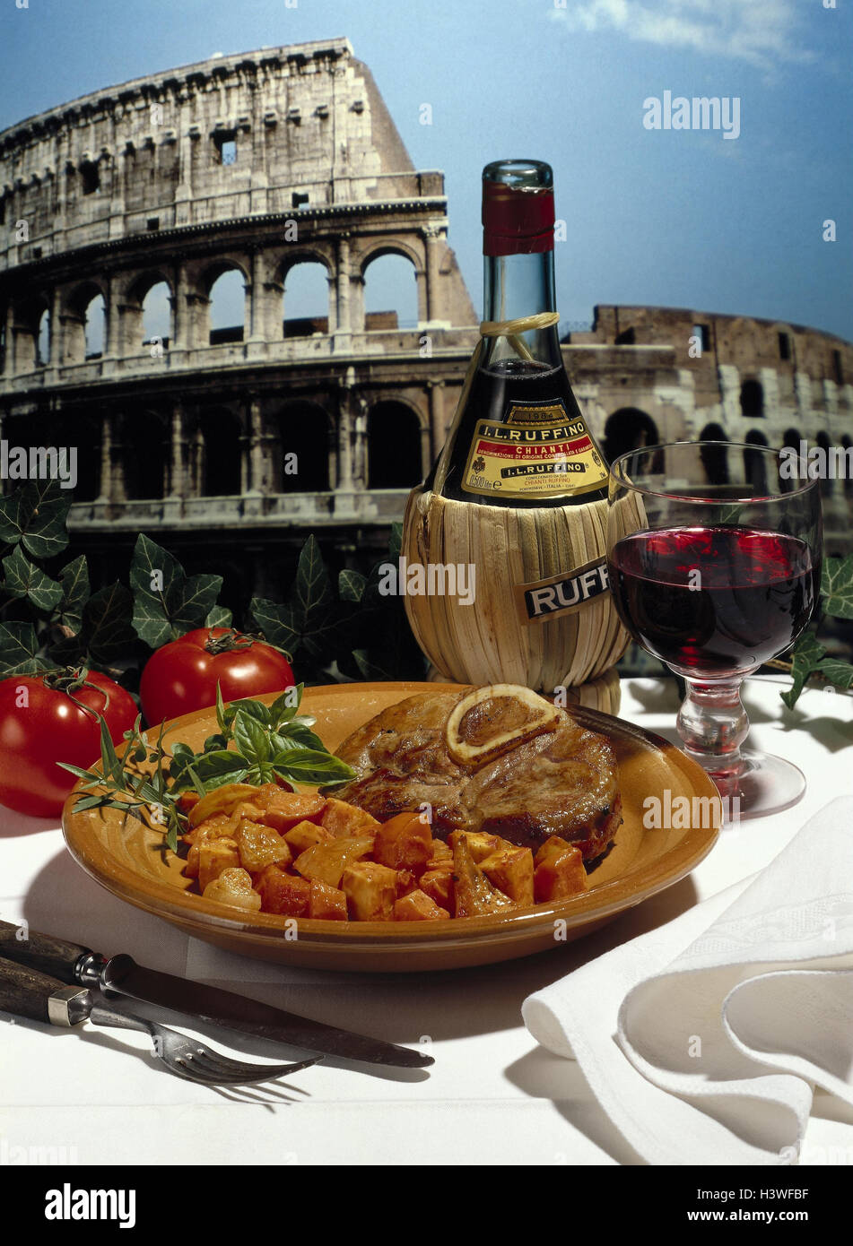 Italy, food, Ossobuco, vegetables, red wine, Composing, Rome, Colosseo