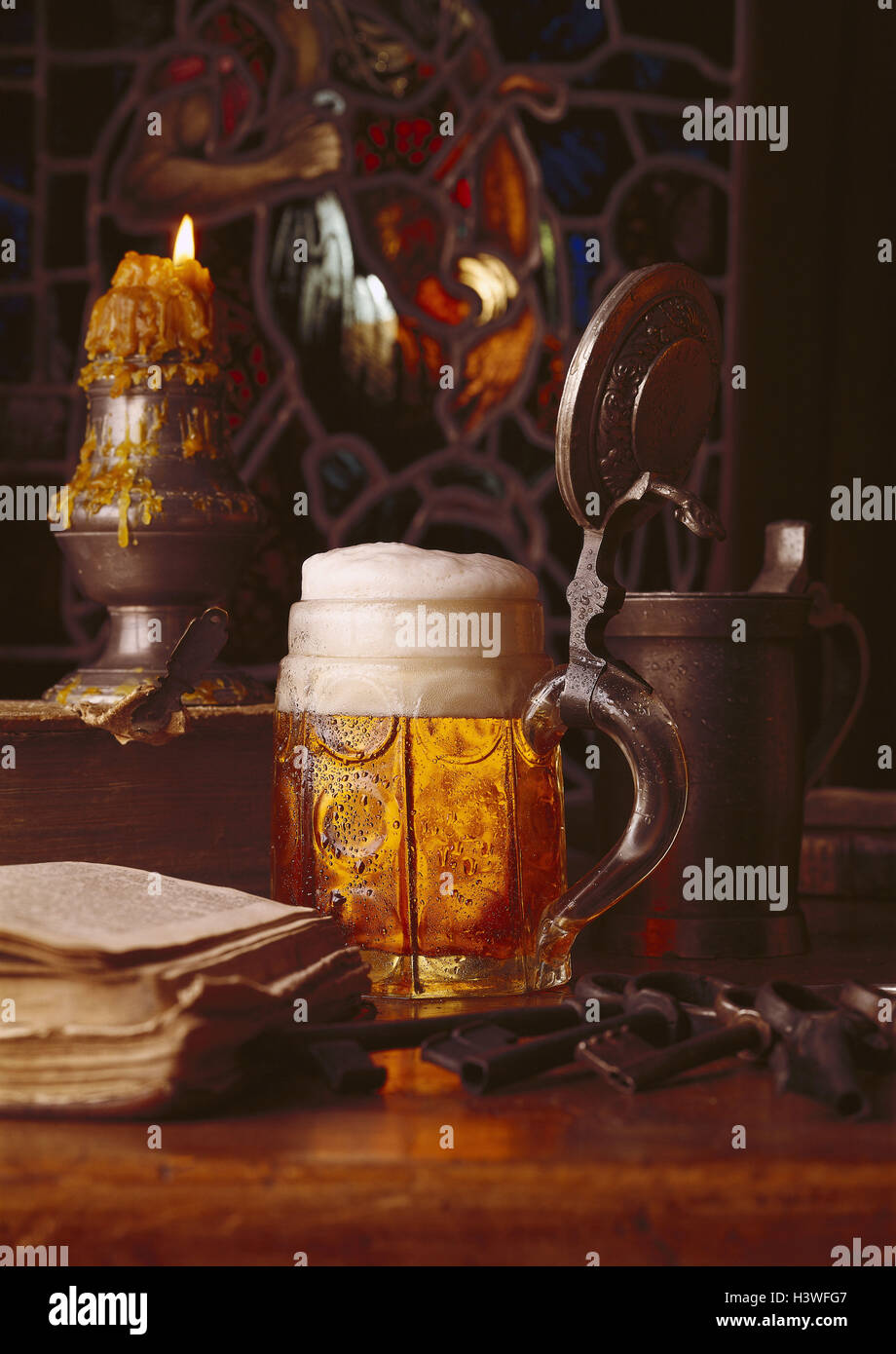 , Still life, beer mug, book, key, candlestick, old, coloured glass window, Still life, icon, beer is brewing, beer drink, beer, cloister brewery, tradition, nostalgically Stock Photo